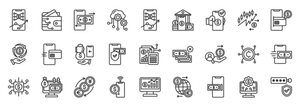 fintech icon set collection in outline style. icon pack contain payment, wallet, crypto, transfer, mobile, banking, token, ledger, invest, credit