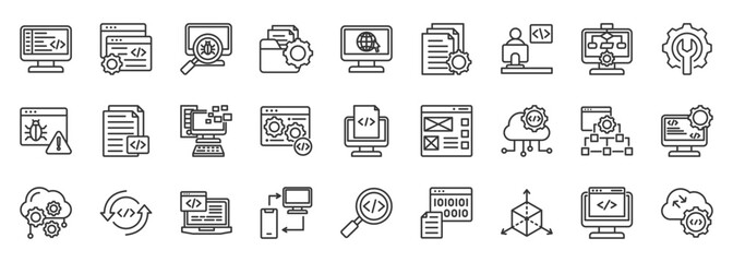 programming icon set collection in outline style. icon pack contain code, script, source, debug, programer, malware, loop, object, coding, responsive