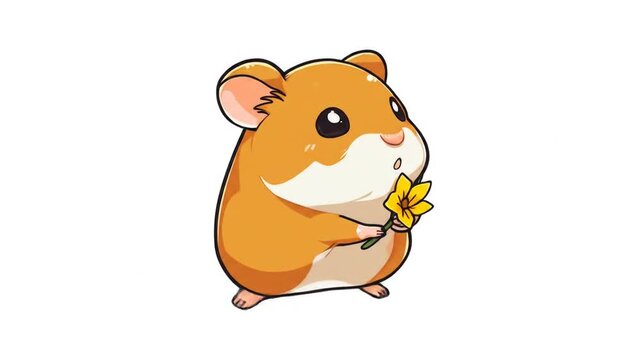 Animated hamster with yellow flower against a white background