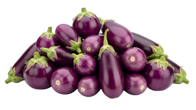 Shiny Purple Eggplant Pile Fresh Vegetables on Transparent Background