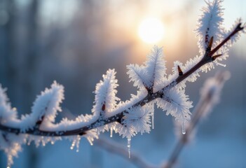 Obraz premium Enigmatic Frost Patterns Clinging to Stark Twigs Capturing Winter's Essence