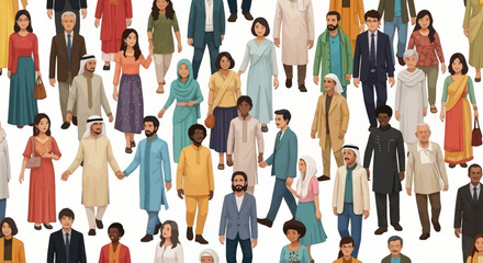 Seamless pattern of diverse multiethnic crowd representing global community and cultural harmony, white background