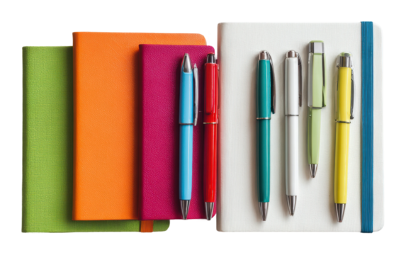 Creative writing tools colorful notebooks and pens on white surface isolated on transparent background