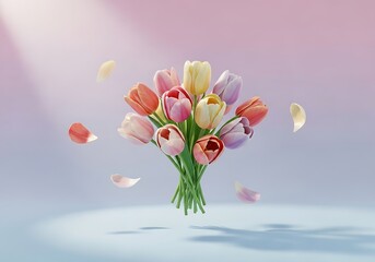 Elegant tulip arrangement with petals, romantic pastel background, springtime