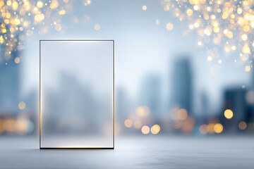 Empty rectangular frame with soft glowing edges stands on a blurred urban background, creating an inviting space for text or graphics, ideal for creative mockup presentations
