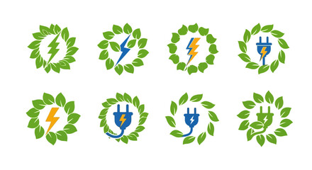 Vector set of eco energy logos featuring leaves and electrical symbols, white background