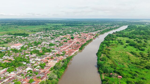 forward stunning aerial footage showing the historic colonial town of mompox on the banks of the magdalena river