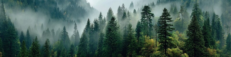 Misty forest landscape with tall evergreen trees and dense fog