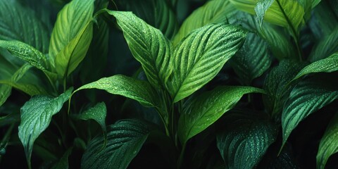 Lush green foliage with dew-kissed leaves in a fresh natural setting