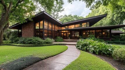 Mid-century modern house with angular roof and lush greenery