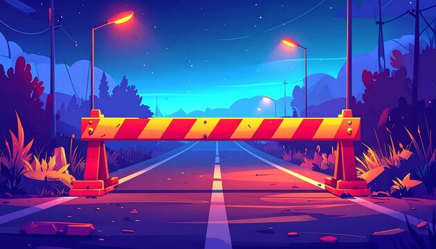 A closed road scene during twilight with a barrier preventing passage. Streetlights illuminate the path. Colorful sky and foliage