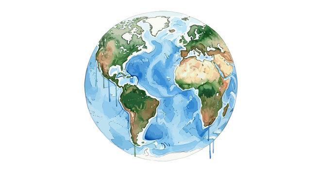Watercolor illustration of planet Earth, showing continents and oceans, white background