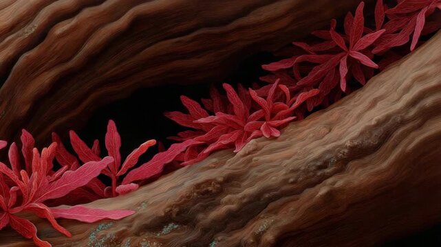 Vibrant red algae on rock surface with textured background