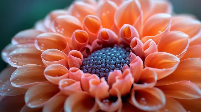Close-up of a vibrant orange dahlia flower with water droplets.
