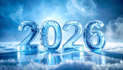 The year 2026 rendered in frozen ice numbers, set against a frosty blue background with snow and mist for a new year celebration