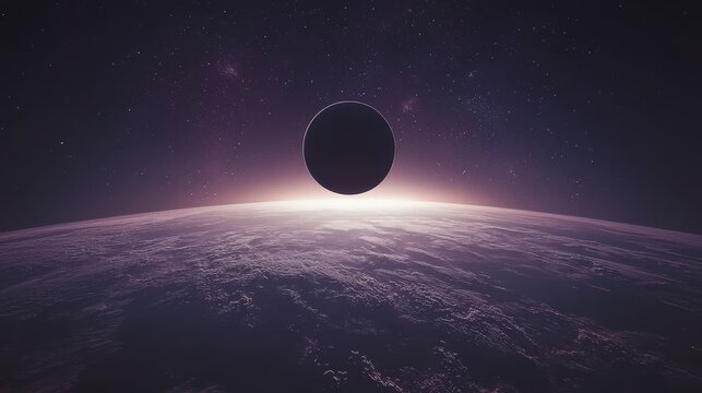 Dark night sky with bright full moon casting light over Earth's blue ocean water