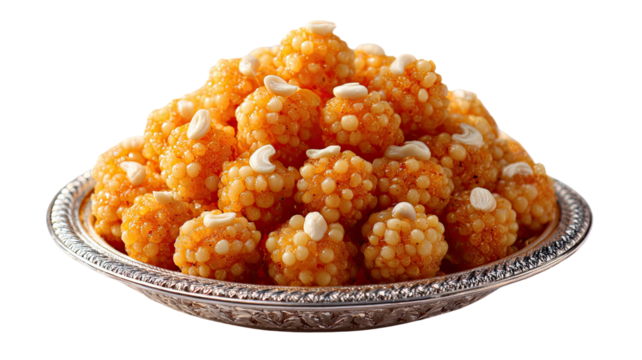 Decorative plate filled with sweet Indian laddu showcasing traditional festive dessert and cultural confectionery detail isolated on white background