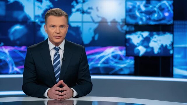News anchor in a suit delivering news in front of a world map background