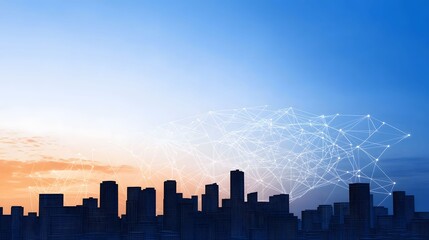 Fototapeta premium The image displays a cityscape silhouette against an orange-to-blue sky gradient, overlaid with a network of interconnected white lines and circles, suggesting connectivity and data.