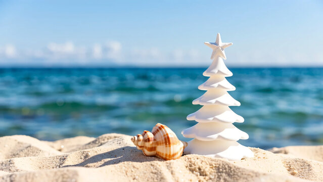 Small seashell christmas tree on the beach with copy space
