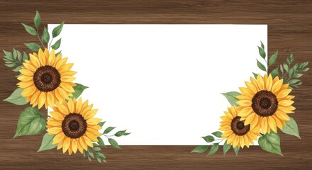 Watercolor Sunflower and Green Leaves Border with White Blank Space Frame