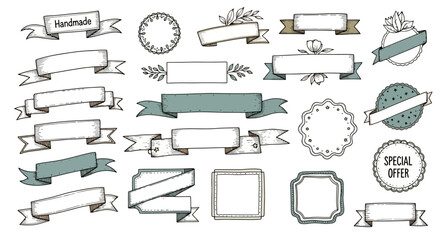 Set of hand-drawn style decorative ribbons, banners, and labels for various themes and purposes, white background