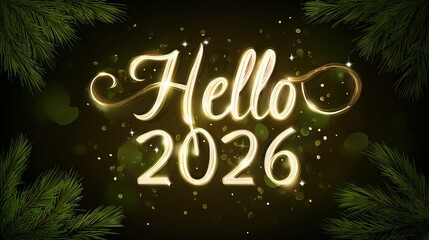 Hello 2026 text with glowing light effect and festive pine branches