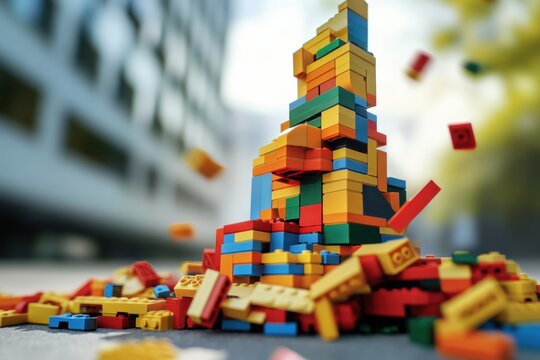 Colorful Lego bricks create a tower among scattered pieces in an urban setting