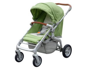 Modern baby stroller with green canopy, comfortable seat, adjustable handle, and storage basket, designed for newborns and infants, perfect for urban family outings and daily walks