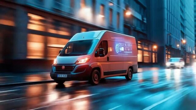 Experience the efficiency of a delivery van cruising through vibrant city streets at night. Perfect for showcasing urban logistics and transportation in action. AI