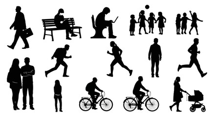 Silhouette vector set of people in different poses, including walking, sitting, playing, and working, white background