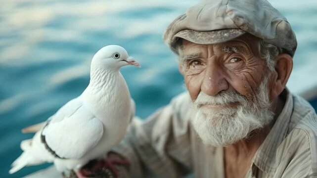 Elderly man with a white pigeon by the water, enjoying a peaceful moment in nature at sunset