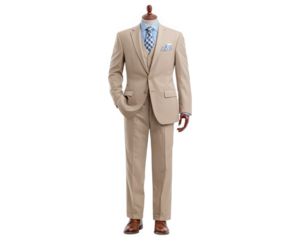 Beige suit on mannequin formal style single breasted two button blue checkered shirt patterned tie pocket square brown leather shoes elegant and sophisticated look