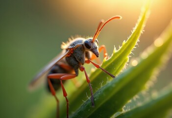 Fototapeta premium Extreme Close-Up of Fascinating Insect perched on Grass Tips with Eye-Catching Features and Structure
