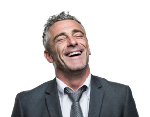 Joyful businessman laughing in professional suit portrait isolated on transparent background