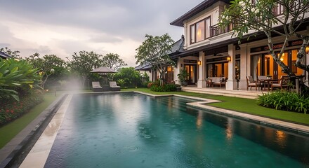 Serene villa with a pristine swimming pool under a cloudy afternoon sky
