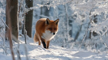 Fototapeta premium Red Fox Running Through Snowy Forest