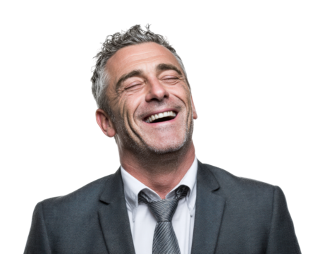 Joyful businessman laughing in professional suit portrait isolated on transparent background