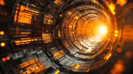 Abstract background with glowing circles in a dark futuristic space, featuring a blue and green digital pattern illustration for a tech concept wallpaper