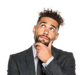 Contemplative man in suit portrait thought isolated on transparent background