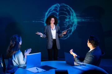 Successful businesswoman receiving applause from the audience after an inspiring presentation on...