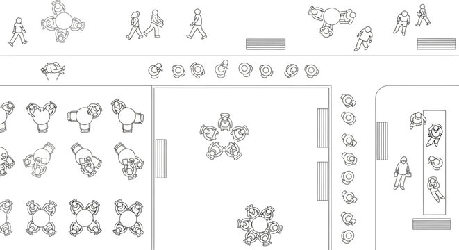 Architectural vector plan of people in different situations, overhead view, white background