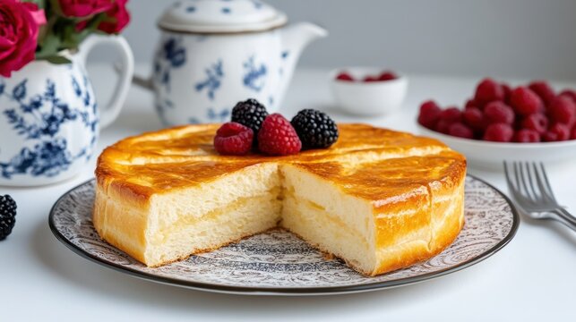 Elegant Dessert: Brioche Cake with Berries and Tea Set, Close-up, Freshly Baked, Delicious, Gourmet