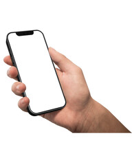 Hand holding handphone smartphone on transparent background cutout, PNG file. Mockup template for artwork design.