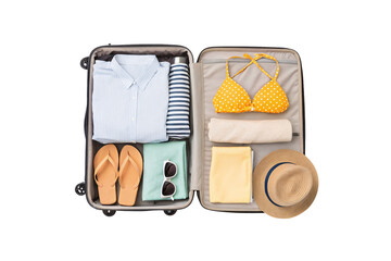 Open suitcase with beach clothing, yellow polka dot bikini striped shirt sunglasses, isolated on a transparent background
