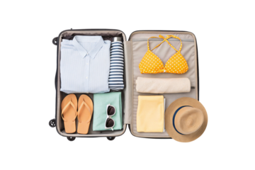 Open suitcase with beach clothing, yellow polka dot bikini striped shirt sunglasses, isolated on a transparent background