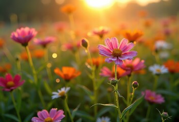 Fototapeta premium Morning Dew Gleaming on Radiant Wildflowers in Vibrant Colors Under Soft Sunrise Light