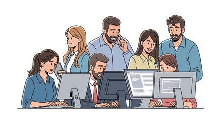 A diverse group of colleagues collaborating around computers in an office setting.