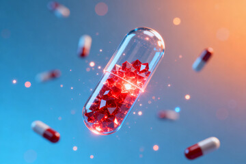 Transparent capsule with red crystals