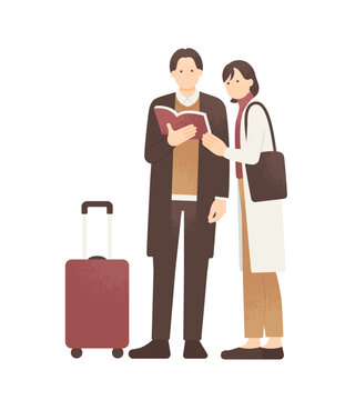 ガイドブックを見ながら旅行の計画を立てるカップル 秋冬の旅行先で相談する男女のイラスト